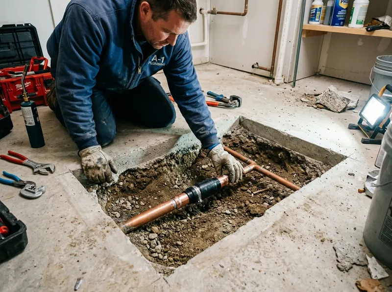 Plumbing technician kneeling by small rectangular foundation excavation replacing damaged copper pipe under slab in Longview TX