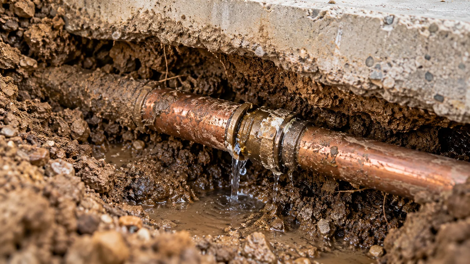 Corroded sub-slab copper hot water pipe with visible leak under concrete foundation
