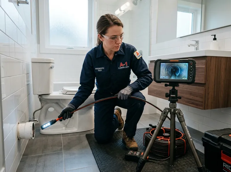 Plumbing technician pushing fiber optic HD sewer camera with LED light into cleanout pipe in Longview TX bathroom